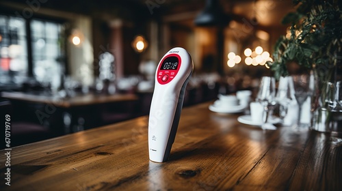 A medical-grade infrared thermometer displayed on a table.