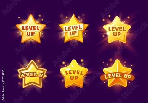 Game level up reward star rate icons. Vector golden glowing cartoon stars. Casino bonus, rank reward, victory, success achievement award trophy, ui or gui mobile app winner surprise gift popup element