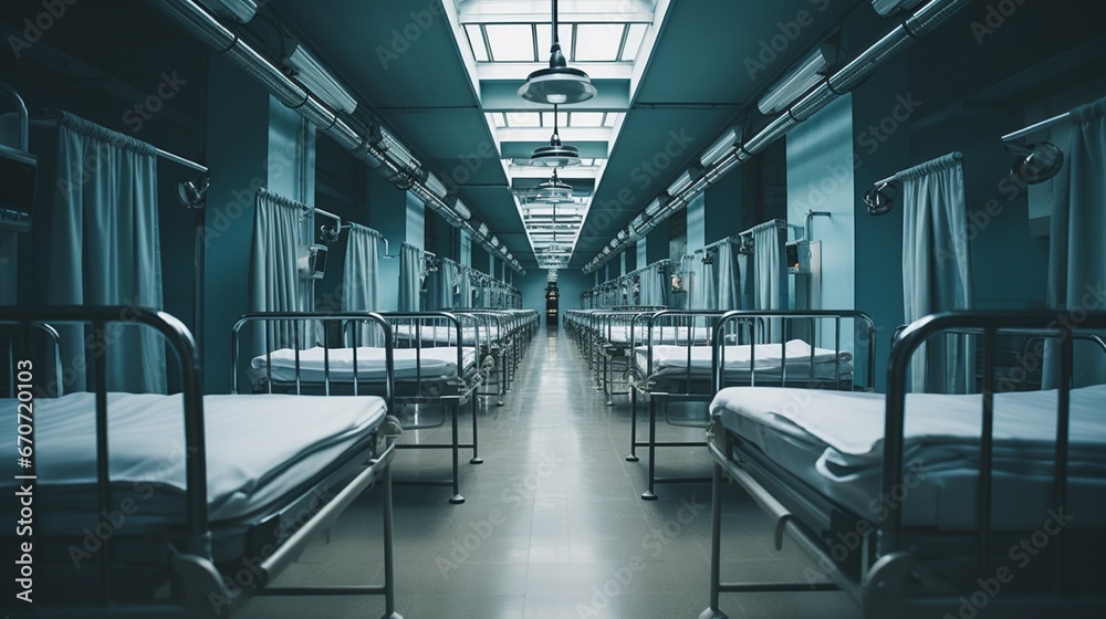 A row of empty patient beds in a hospital ward.