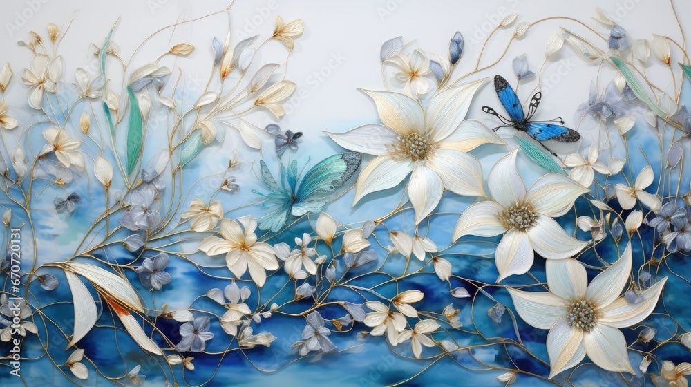  a painting of white flowers and butterflies on a blue and white background with a butterfly on top of the flowers.  generative ai