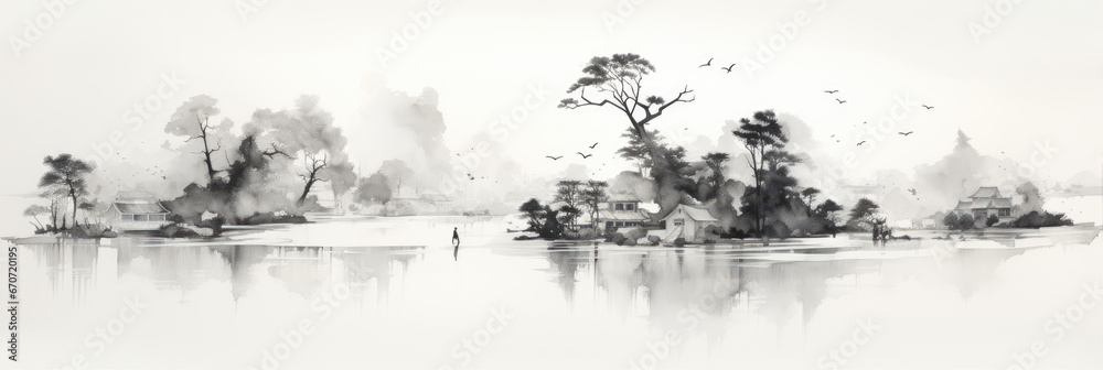 Black ink paint of lake and mountains. Oriental  minimalistic Japanese illustrative style. copyspace for your text.