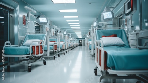 A row of empty stretchers in a hospital emergency room.