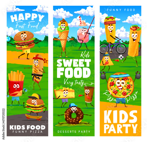 Cartoon cheerful fastfood characters on sport vacation. Kids party vector banners with pizza, french fries, hamburger and ice cream, smoothie, cake fastfood meal funny personage doing sports on meadow