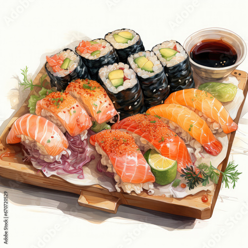 Watercolor Fresh seafood collection sushi plate with variety Clipart, Generative Ai