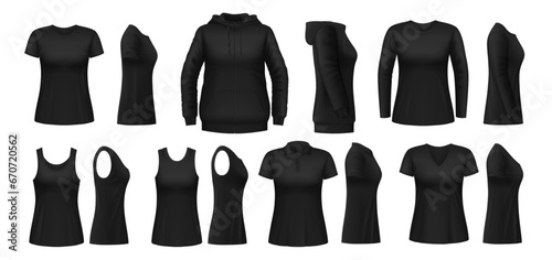 Black woman shirt, hoodie and polo mockups, vector female sport and uniform clothes. Realistic 3d women sleeveless top tank, long sleeve t-shirt, sweatshirt, hoodie and polo, front and side view
