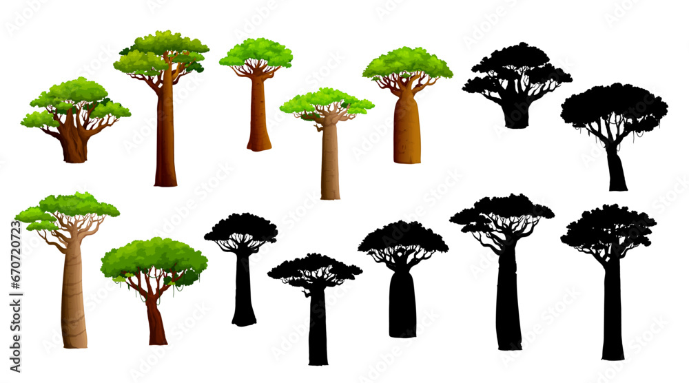 African baobab trees and silhouettes. Isolated vector set of majestic and ancient plants, stand tall with their iconic swollen trunks and spreading branches, symbolizing resilience in arid landscapes - obrazy, fototapety, plakaty 