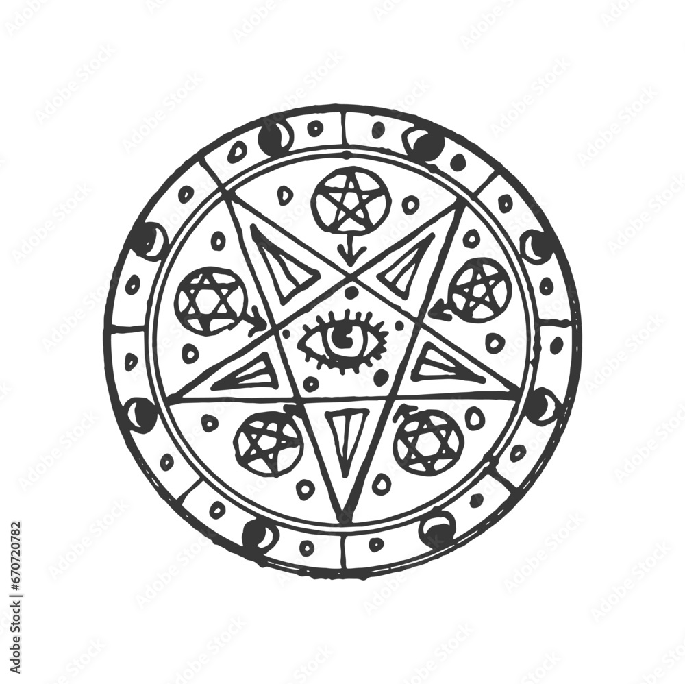 Esoteric amulet, sacred occult talisman. Vector magic pentagram sketch with ethnic or aztec signs. Mystery amulet, wizard and alchemy emblem