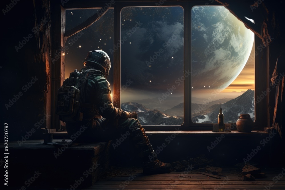 Fototapeta premium Lonely futuristic astronaut looking from the window in a planet