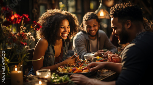 A group of people from diverse ethnicities sharing a meal together