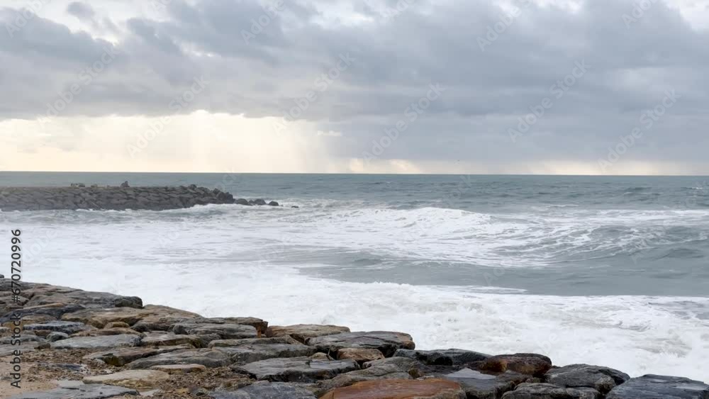 OVAR, PORTUGAL - 31 OCTOBER 2023: The sea rises to the seafront of Furadouro in Ovar. The advance of the sea due to climate change threatens Portugal. OVAR, PORTUGAL - 31 OCTOBER 2023: The sea rises to the seafront of Furadouro in Ovar. The advance of the sea due to climate change threatens Portugal.