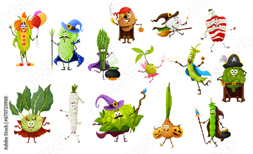 Cartoon Halloween vegetable characters in holiday costumes, vector corn and cabbage witch. Halloween funny vegetables, spooky potato pirate, onion with pumpkin lantern, radish zombie and corn clown