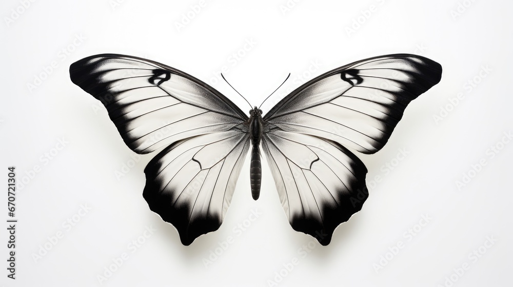 a black and white butterfly sitting on top of a white surface with its wings spread open and the wings are black and white. generative ai a black and white butterfly sitting on top of a white surface with its wings spread open and the wings are black and white. generative ai