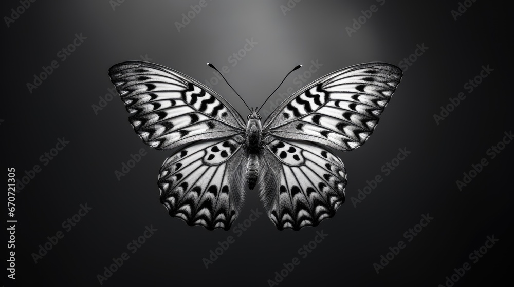 Obraz premium a black and white photo of a butterfly on a dark background with light coming from the top of the wings. generative ai