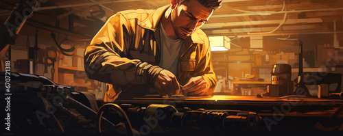 Technician worker of car mechanic working on car repair. Service or maintenance vehicle. photo