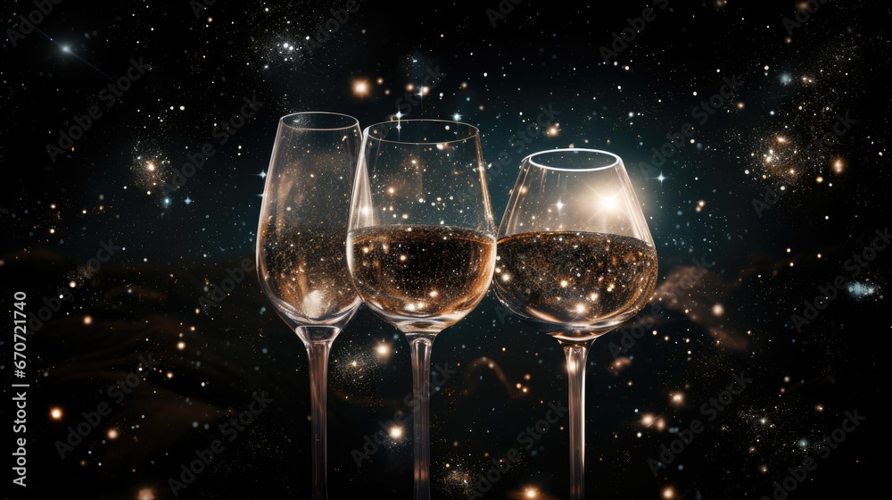 three glasses of wine sitting next to each other in front of a dark background with stars in the night sky. generative ai three glasses of wine sitting next to each other in front of a dark background with stars in the night sky. generative ai