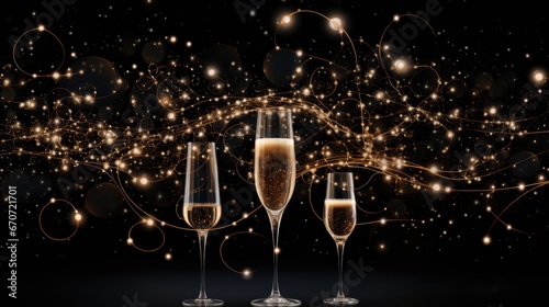  three glasses of champagne on a black background with sparkling lights and a swirl of gold on the left side of the glass.  generative ai