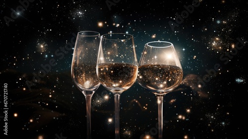  three glasses of wine sitting next to each other in front of a dark background with stars in the night sky.  generative ai