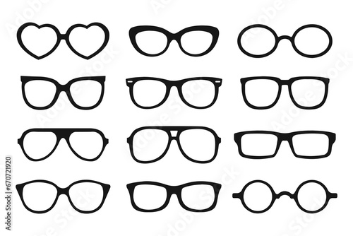 Collection of trendy hipster sunglasses. Fashion sunglasses, black silhouettes, summer accessory. Icons, stickers, vector