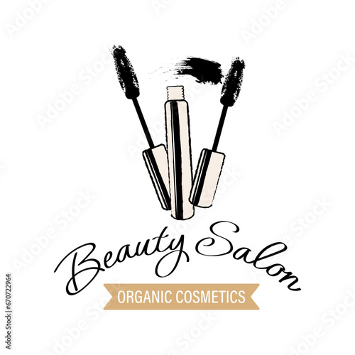 Beauty salon logo. Cosmetic items, mascara, cosmetic brushes and lettering. Hand drawn illustration, icon, vector