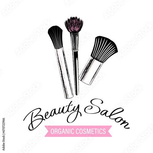 Beauty salon logo. Cosmetic items, mascara, cosmetic brushes and lettering. Hand drawn illustration, icon, vector