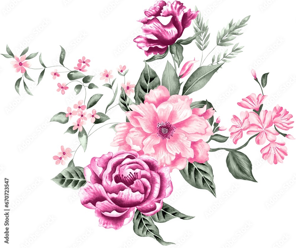 Watercolor Bouquet of flowers, isolated, white background, pink roses and green leaves