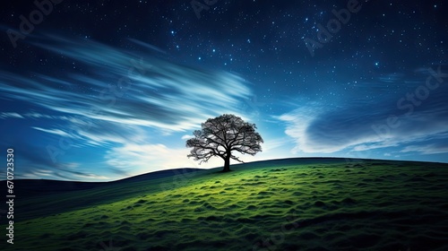  a lone tree sitting on top of a green hill under a blue sky filled with stars and a star filled sky. generative ai