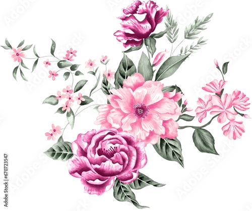Fototapeta Naklejka Na Ścianę i Meble -  Watercolor Bouquet of flowers, isolated, white background, pink roses and green leaves