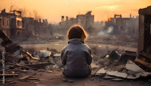 Unrecognizable child sitting, gazing at a devastated city