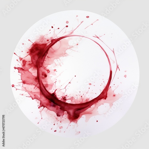 Wine stain red watercolor glass mark ring circle isolated drink background drop white alcohol. Red stain stamp spot paper wine splash cup texture splatter spill water round art winery blot trace. photo