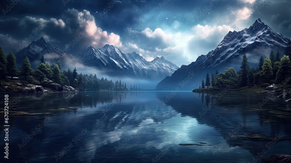  a painting of a mountain range with a lake in the foreground and a night sky with stars and clouds in the background.  generative ai