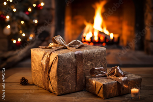 A set of gifts is positioned close-up against a background of a fireplace and Christmas decorations. Square boxes are wrapped in golden paper and tied with ribbons