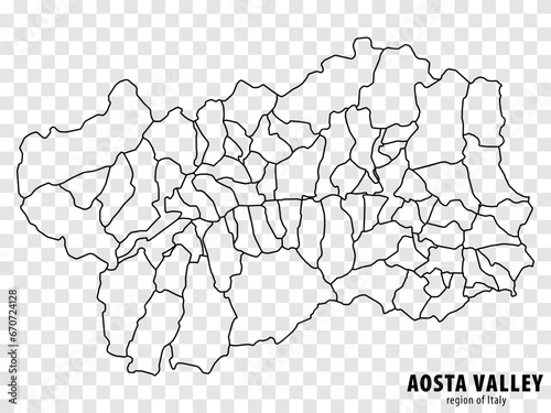 Blank map Aosta Valley of Italy. High quality map Region Aosta Valley with municipalities on transparent background for your web site design, logo, app, UI. EPS10.