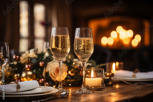 Two glasses of champagne stand on the New Year's table, the background is blurred in the lights of the garlands