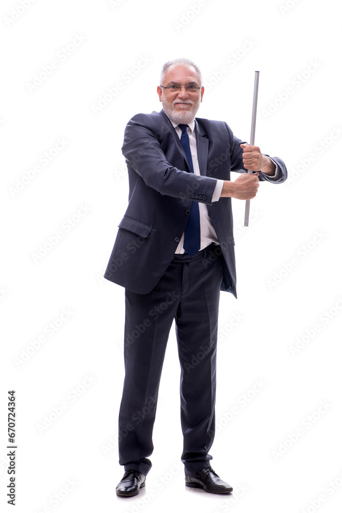 Old businessman holding metal stick isolated on white Old businessman holding metal stick isolated on white