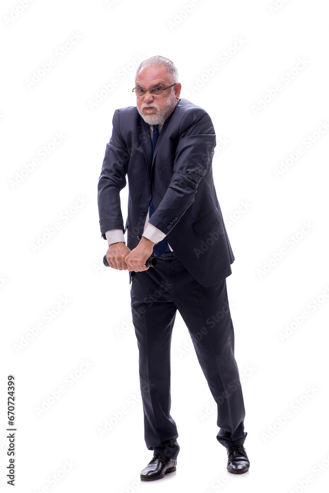Old businessman holding penlight isolated on white Old businessman holding penlight isolated on white