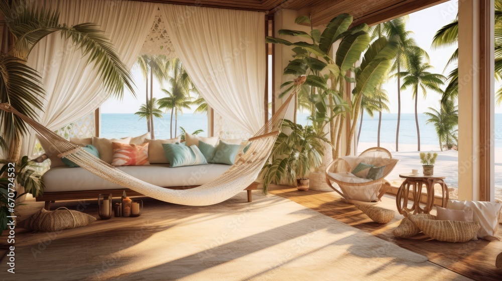  a hammock sitting on top of a wooden floor next to a white bed in a room filled with palm trees.  generative ai