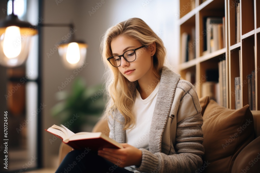 Young woman with blonde hair reading book in bright modern library, nerdy aesthetic, photography Young woman with blonde hair reading book in bright modern library, nerdy aesthetic, photography