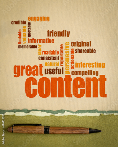 business writing and content marketing concept - great content word cloud on art paper, vertical poster