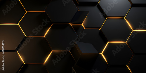  abstract hexagon with a gold bright light on a dark Abstract black and gold hexagonal luxury background.AI Generative