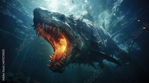 Sea monster open its mouth with teeth, fantasy underwater creature photo