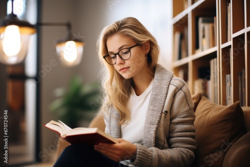 Young woman with blonde hair reading book in bright modern library, nerdy aesthetic, photography