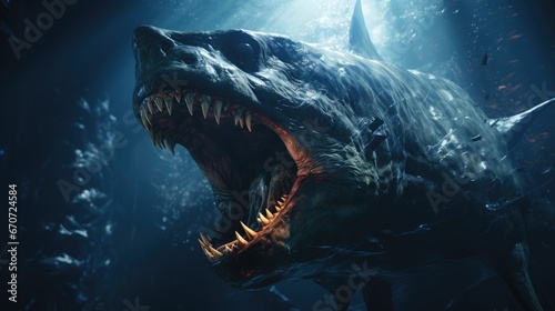 Sea monster open its mouth with teeth, fantasy underwater creature