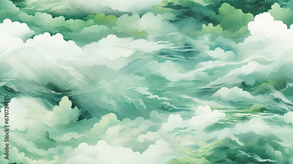  a painting of green and white clouds in the sky with a blue sky in the middle of the picture and a white cloud in the middle of the sky in the middle of the middle of the picture.  generative ai