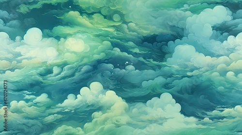  a painting of a green and blue sky with clouds in the foreground and stars in the middle of the sky. generative ai