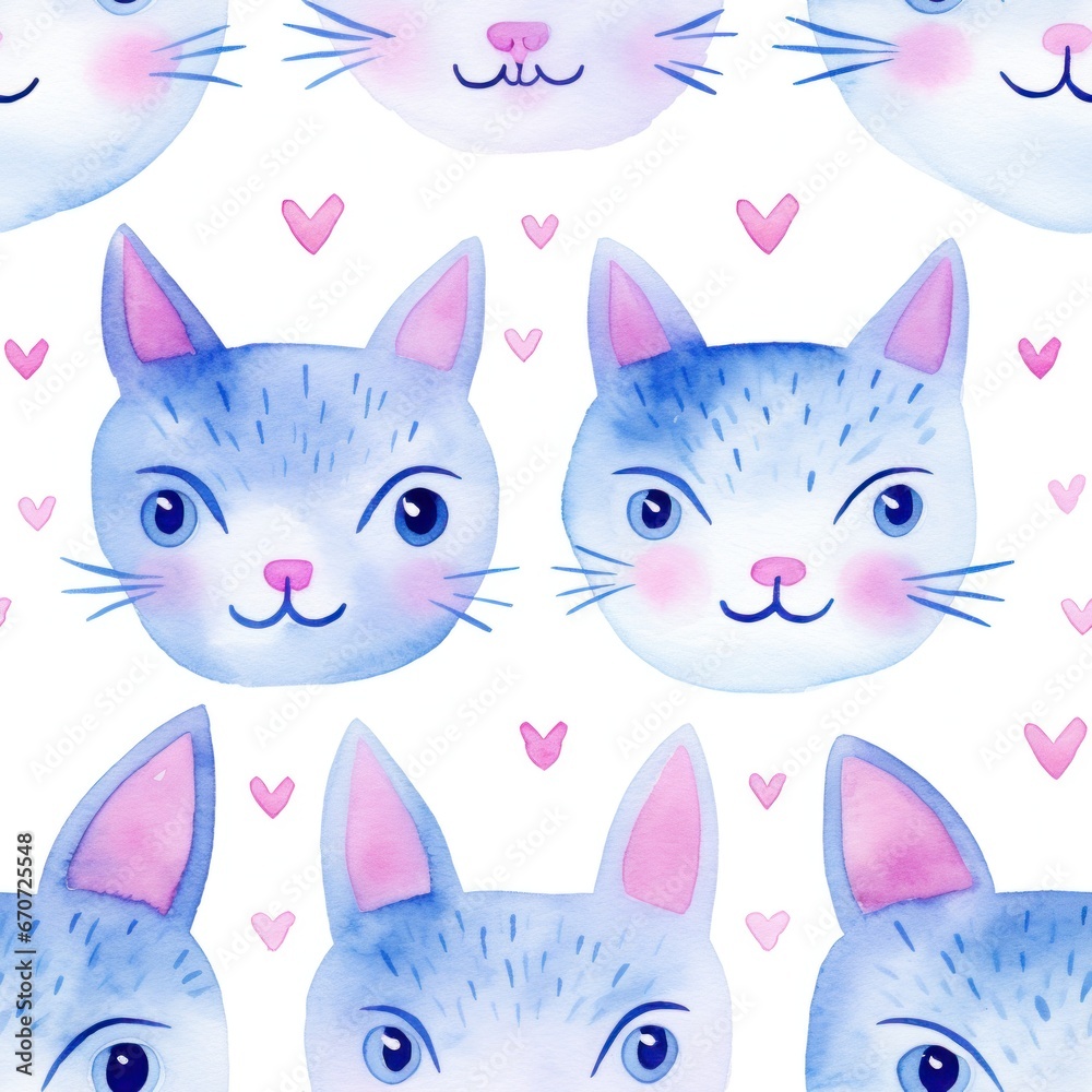 Cute little kittens  blue seamless pattern in watercolor style