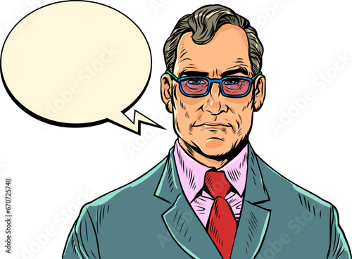 Job interview for a serious campaign. Discussion of an advantageous offer for clients. An adult man in a suit and glasses speaks into a comic bubble.