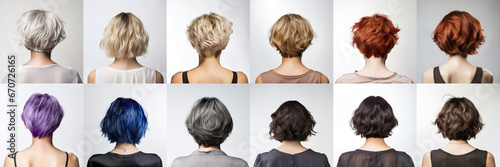 Short hair haircut for woman with different hair colour. View from behind on white background. Generative AI