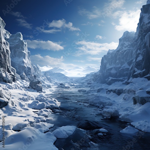 Fantasy winter landscape with frozen river and mountains