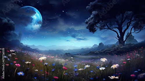 a painting of a night scene with a full moon and a field of wildflowers in the foreground. generative ai © Olga