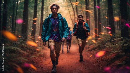 Man running in the middle of the forest, psytrance artwork. photo